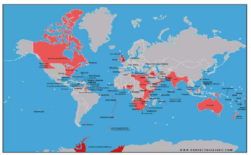Mapa del imperio britnico en su apogeo