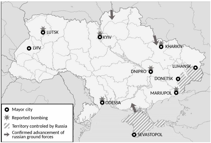 Mapa de los bombardeos iniciales de Rusia en Ucrania