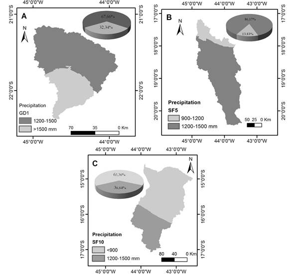 Spatial distribution and the frequency of the precipitation classes to the WRPMU&rsquo;s GD1 (A), SF5 (B) e SF10 (C).