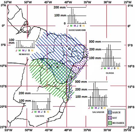 Spatial distribution of the month in which the average monthly precipitation reaches its maximum value in distinct areas of Northeast region of Brazil (CPTEC/INPE, 1986).