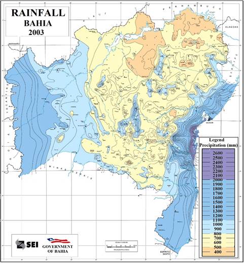 Pluviometric Map of Bahia State (Bahia, 2003) (Adapted).