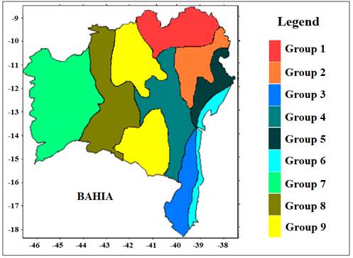 Rainfall zoning of Bahia proposed by the cluster method (Braga et al., 1998) (Adapted).