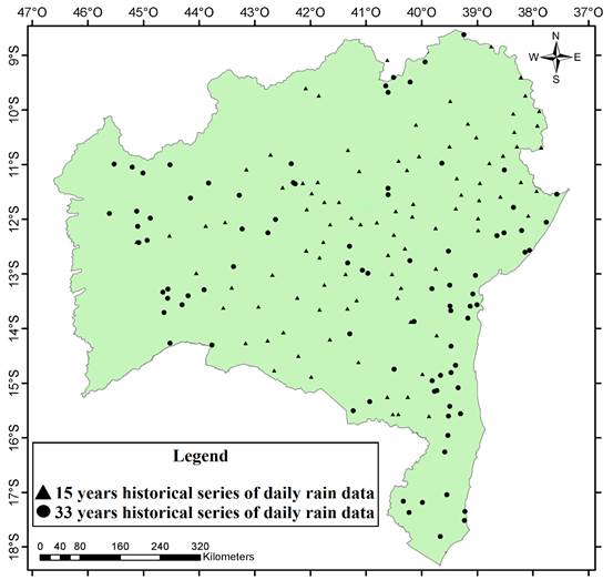 Spatial Distribution of the pluviometric stations of Bahia, Brazil (Personal collection).