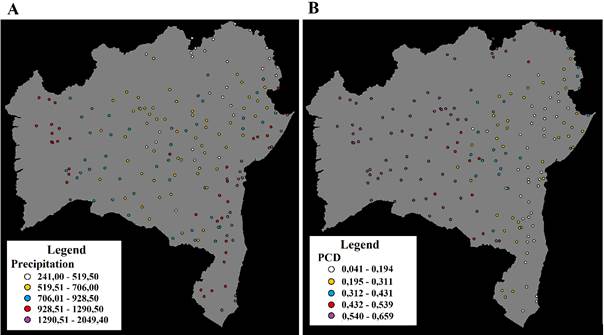 Spatial Distribution: Precipitation (A); PCD (B) (Personal collection).