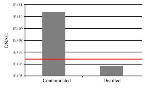 Results of DNA/L in contaminated and treated samples and USEPA and HEALTH CANADA disinfection standard.