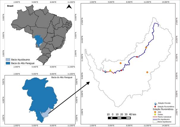 Mapa da bacia hidrográfica Aquidauana e das estações fluviométricas (vermelho) e pluviométricas (laranja/amarelo) do rio Aquidauana (azul). A estação de cota prevista está localizada dentro da cidade entre Aquidauana e Anastácio, local mais vulnerável à inundação.