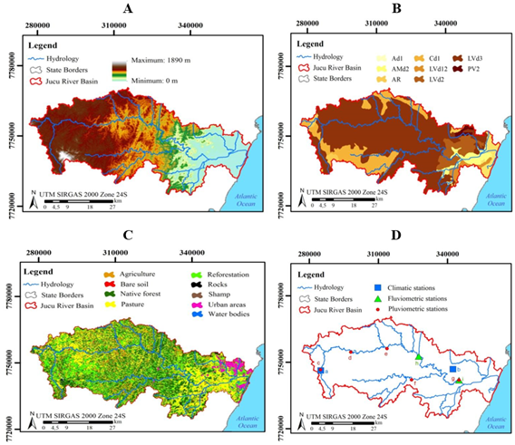 Map of topography (A), pedology (B), land use (C), location of climatic, fluviometric and pluviometric stations (D) in the Jucu River Basin.