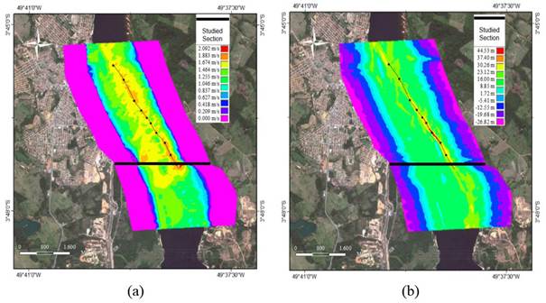 Velocities (a), depths (b) and the transversal section for downstream reservoir of the Tucuru&iacute; River&rsquo;s hydroelectric power plant, taking into account the highest registered flow of 31,274 m3/s (2007-2014).