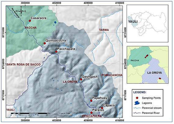 Location of sampling points in lotic systems with aptitude for aquaculture in the Mantaro River watershed.