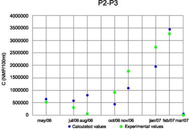 Experimental and simulated data. Discharge influence of P2 in P3.