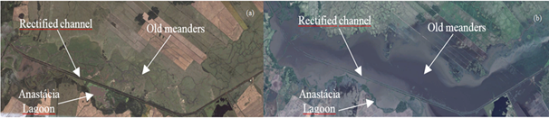 Shifting Mosaic in a rectified section of the Gravata&iacute; River: (a) dry phase, 04/30/2009; and (b) flooded phase, 08/11/2011.