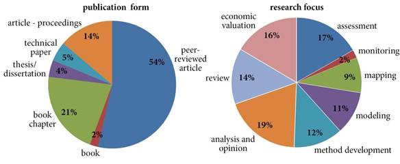 Percentage of publications by form and research focus.