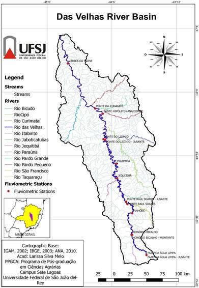 Location of the 14 stream gauging stations considered in the study.