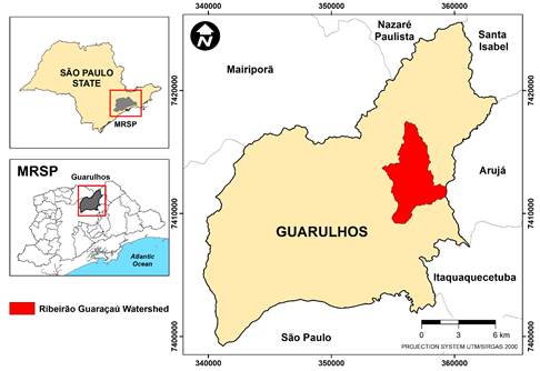Location of the da Ribeirão Guaraçau Watershed (RGW), Guarulhos (SP).