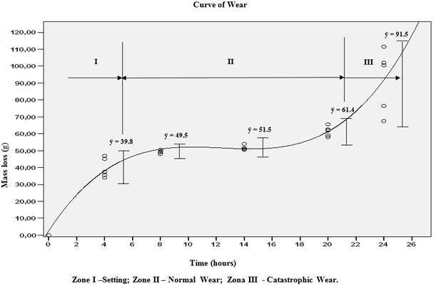 Representation of mass loss as a function of time in the wear test.