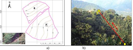 a) Topographical survey, b) Distribution of the crop on the farm