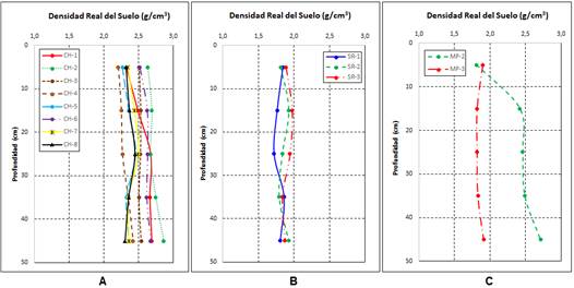 Behavior of the real density in the three study areas: A- Chone, B- San Ram&oacute;n and C- Mapasingue.