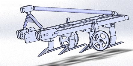 Isometric representation of the tillage implement having four staggered shanks object of study.