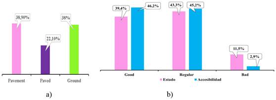 Access roads to plantations and processing facilities. a) Type; b) State.