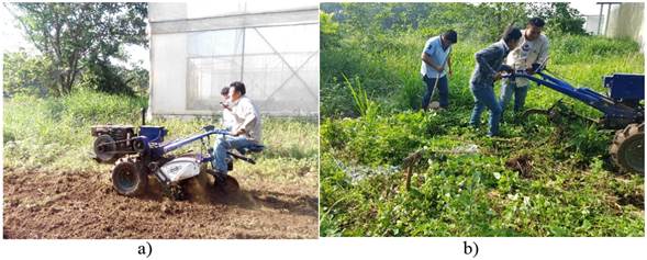 Implement-tools in the test, a) cultivator and b) plow.