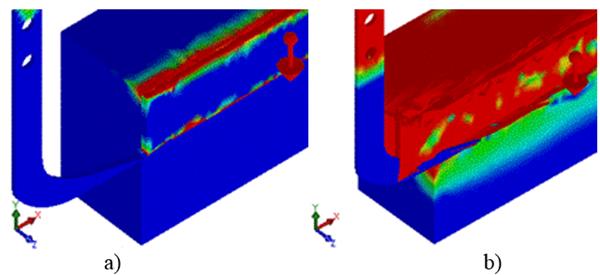 a) Strain stresses distribution at 0.01 mm of the tillage tool displacement. b) At 300 mm of the tillage tool displacement. 