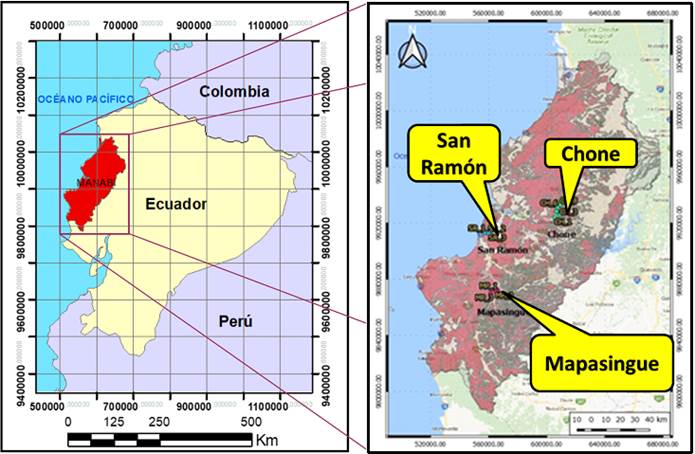 Location of the three survey areas at Manab&iacute; Province.