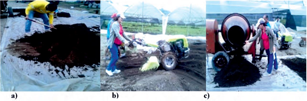 Substrate preparation variants. a) T1 - manual mixing with shovel, b) T2 - mechanized mixing with motorized cultivator, c) T3 - mechanized with mixer.
