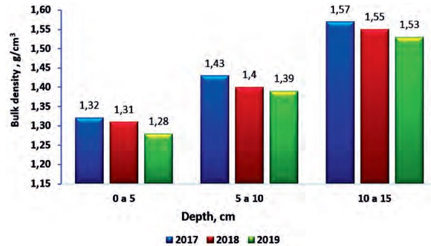 Bulk density of the soil at different evaluation times.