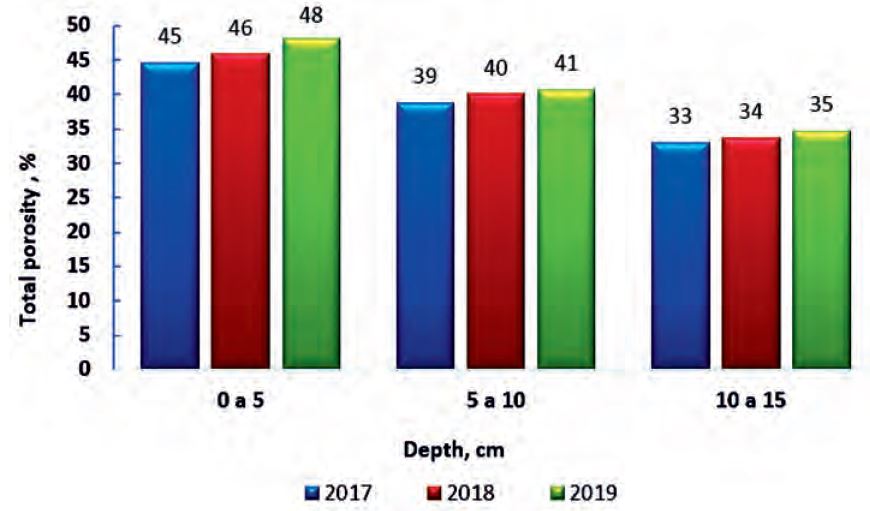 Behavior of the total porosity of the soil at different evaluation times.