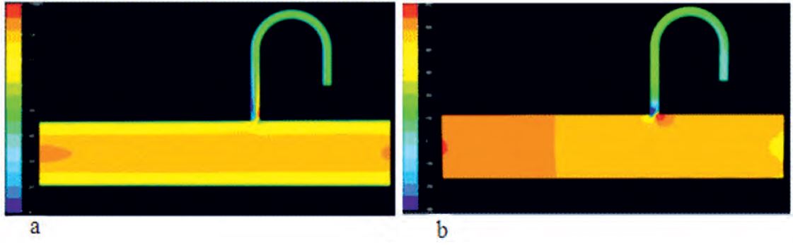 Irrigation system of central pivot with swan neck. a) Complete 3D Speeds b) 3D simulation of pressures distribution 