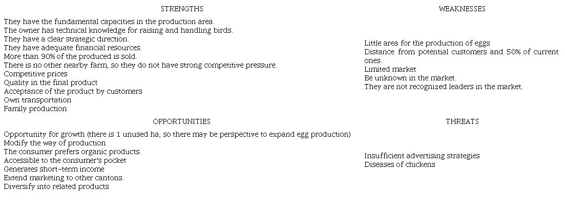 SWOT matrix obtained for the AVIORGANIC farm