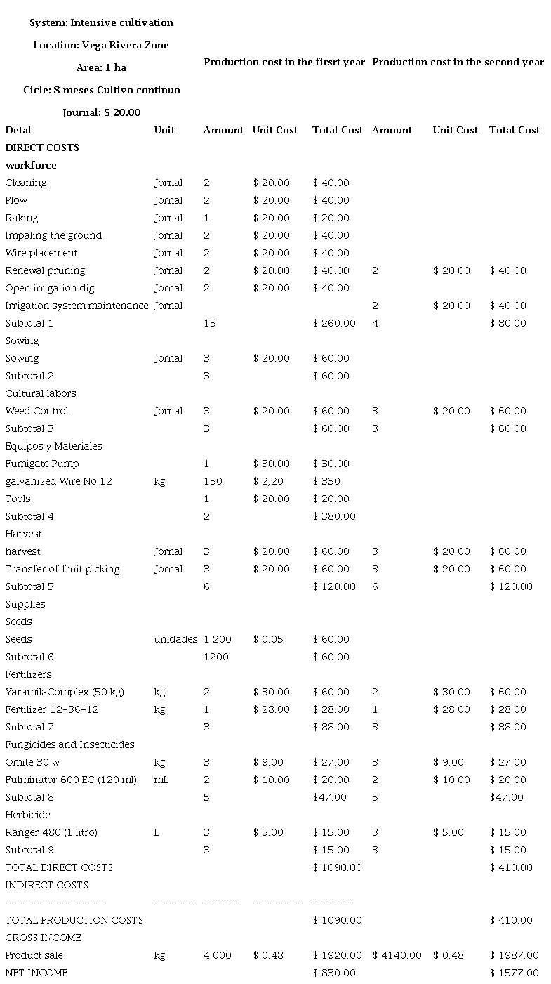 Production costs in 1 ha for the cultivation of passion fruit