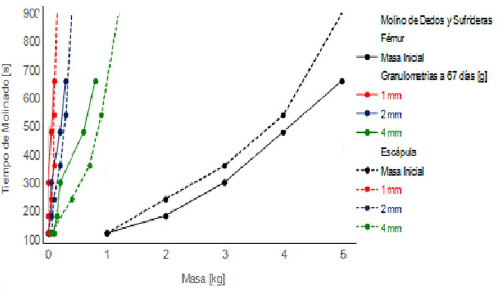 Mass as a function of time of the finger and nose mill.