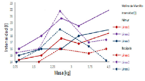Mass as a function of intensity, hammer mill (Table 5)