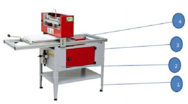 Tray seeding machine, 1- Support frame, 2- Movable tray support, 3- Seedling head, 4- Suction jar for seeds.