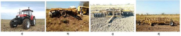 Tractor used to form aggregate with harrows and land plane. a) Tractor YTO x1204. b) Medium Baldan harrow with 40 discs. c) Baldan heavy harrow with 52 discs and d) Land plane of national manufacture.