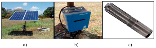 Component parts of the solar pumping system PS2-150 C-SJ5-8 LORENTZ brand: a) Photovoltaic panels b) PS2-150 controller c) submersible pump.