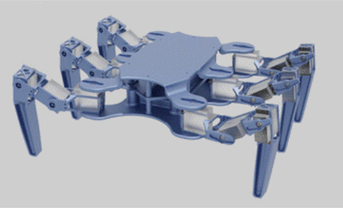 3D simulation in Belnder of isometric view of hexapod robot explorer of complex terrains in agriculture (Own Authorship).