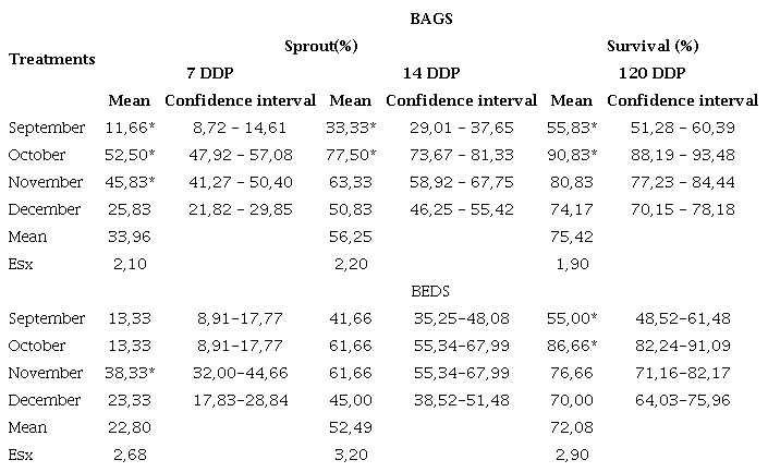 Sprout means and confidence intervals (%) and survival (%) of garlic plants 'Criollo V&iacute;ctor' cultivated in September, October, November and December, in bags and beds, during 2019-2020 and 2020-2021 campaigns. DDP: days after planted