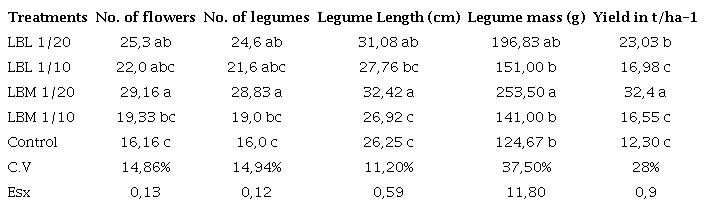 Effect of the Leachates with L. leucocephala or M. oleífera at dilutions 1/10 and 1/20 (v:v) during the productive behavior of the bean V. unguiculata L. cur. Canton-1