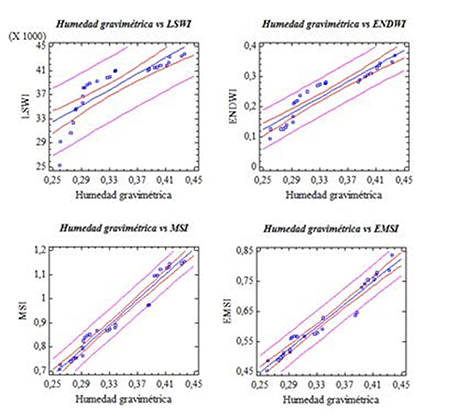 Linear regression analysis between gravimetric moisture and spectral moisture indexes
