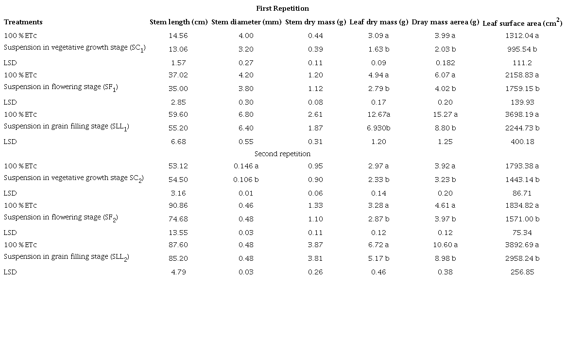 Effect of RDC treatments on three phases of bean plant (Phaseolus vulgaris L.) development in different morphological indicators. Different letters indicate significant differences between treatments for α ≤ 0.05 according to the LSD (Least Significant Difference) test.