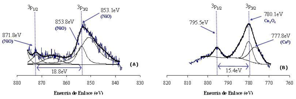 Espectro XPS de los catalizadores. (A) Ni/MCM-41; (B) Co/MCM-41.