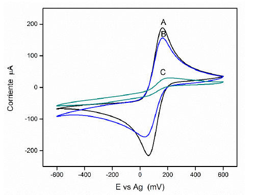 VCs de (A) electrodo de oro, (B) electrodo modificado
con PPR y (C) electrodo modificado con NTPs-PPR.
Ferrocianuro de potasio 10 mM, velocidad de barrido
100 mV/s.