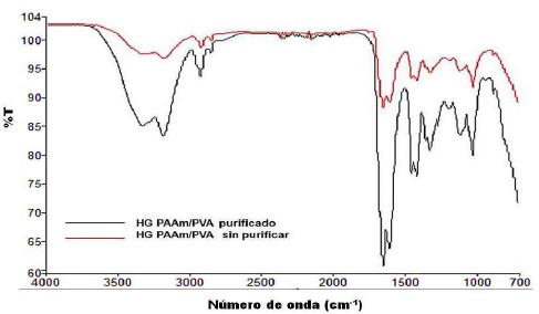 Espectros FTIR
de los hidrogeles de PAAm/PVA antes y despu&eacute;s de
purificarlo