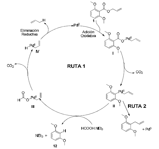 Hip�tesis propuesta para la descarboxilaci�n del �ster al�lico 1