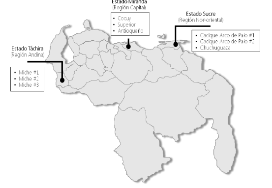 Regiones de origen de las diferentes bebid das alcoh�licas de expendio legal (Cocuy, Superior y Antioque� �o) y clandestino (Miche, Chuchuguaza y Cacique Arco de Palo) aanalizadas en este trabajo.