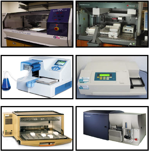 Ejemplos de herramientas de cribado de alto rendimiento utilizadas en experimentos de evolución dirigida. (A) Robot picador de colonias. (B) Robot manipulador de líquidos. (C) Robot dispensador de líquidos. (D) Lector de microplacas. (E) Incubador de placas. (F) Citómetro de flujo.