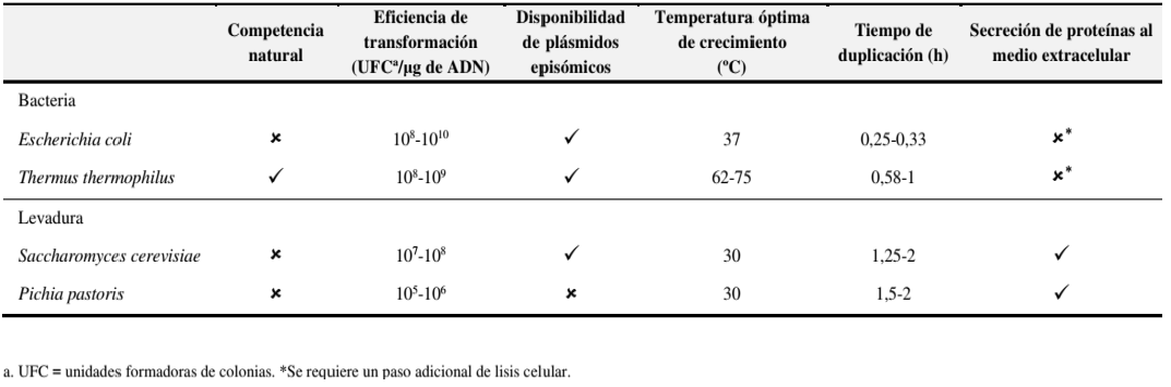 Resumen de las características y herramientas genéticas disponibles para las bacterias Escherichia coli y Thermus thermophilus y las levaduras Saccharomyces cerevisiae y Pichia pastoris.