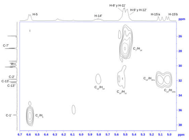 Espectro HMBC del aceite de Merey, zona olefínica